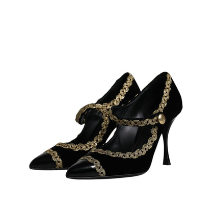 Dolce & Gabbana Black Velvet Gold Mary Janes Pumps Shoes