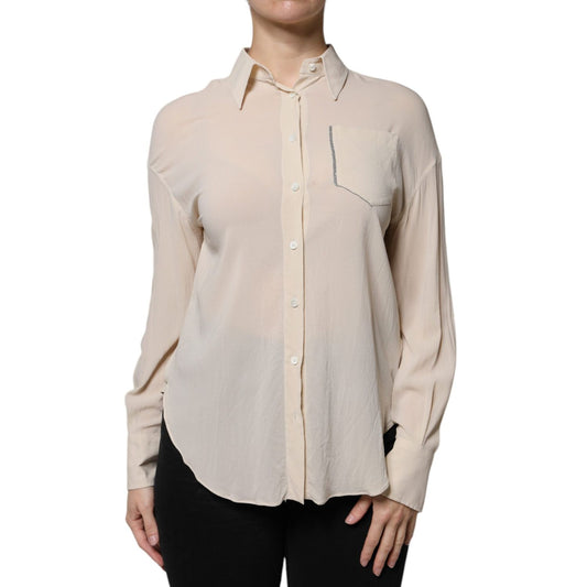 Brunello Cucinelli Beige Silk Blend Collared Button Down Top TSH86743-38