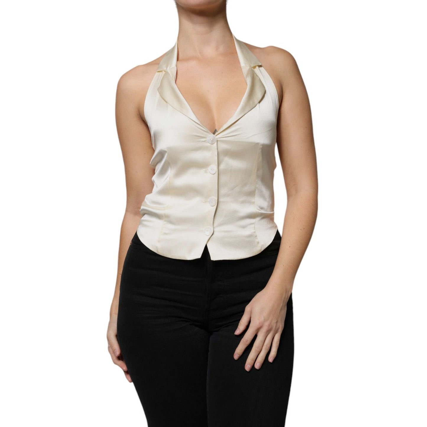 L'Autre Chose Off White Silk Sleeveless Buttoned Halter Top TSH86779-40