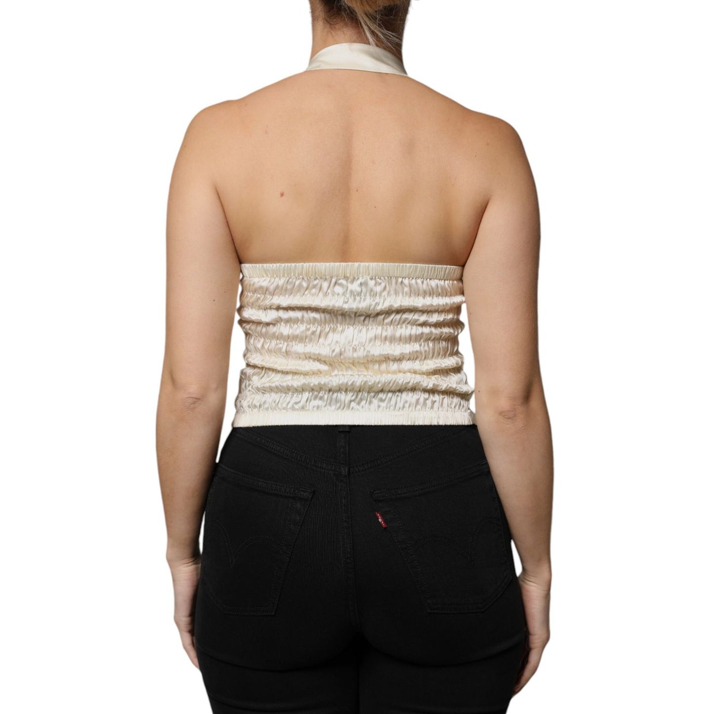 L'Autre Chose Off White Silk Sleeveless Buttoned Halter Top TSH86779-40