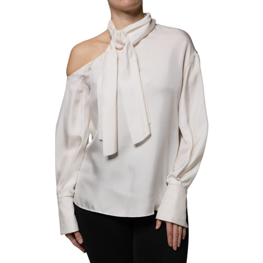 Brunello Cucinelli Beige Silk Ascot Collared Long Sleeves Top TSH86781-40
