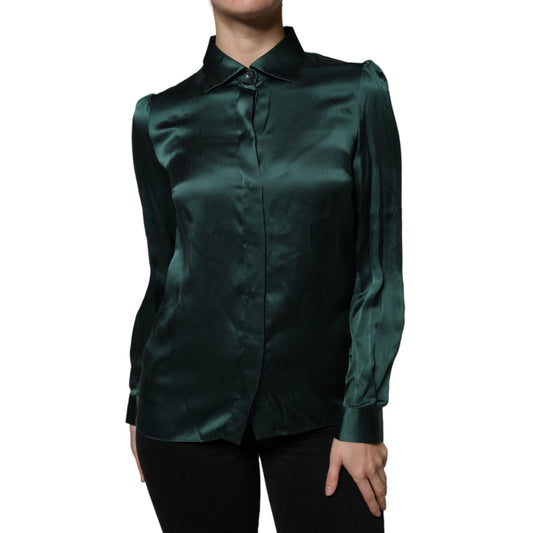 Dolce & Gabbana Dark Green Silk Button Down Long Sleeves Blouse Top TSH86790-40