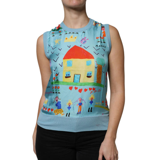 Dolce & Gabbana Blue Drawing Cashmere Sleeveless Tank Top TSH86791-38