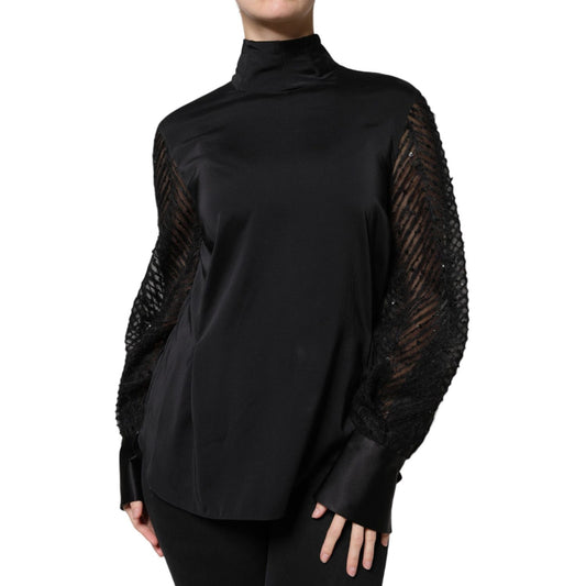 Brunello Cucinelli Black Silk Blend Long Sleeves Blouse Top TSH86798-44