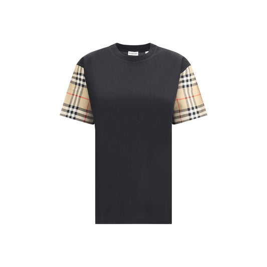 Burberry Black Cotton T-Shirt with Check Archive sleeves, showcasing a classic and stylish contrast.