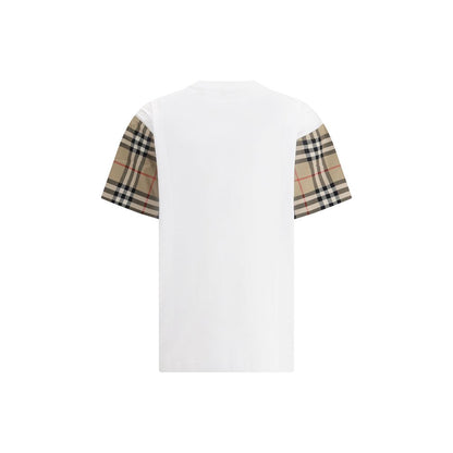Back view of Burberry White Cotton T-Shirt with Archivio Check sleeves