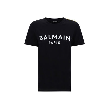 Balmain Black Cotton T-Shirt with monogram print and embossed buttons on the shoulder, featuring a ribbed crew neck and regular fit.