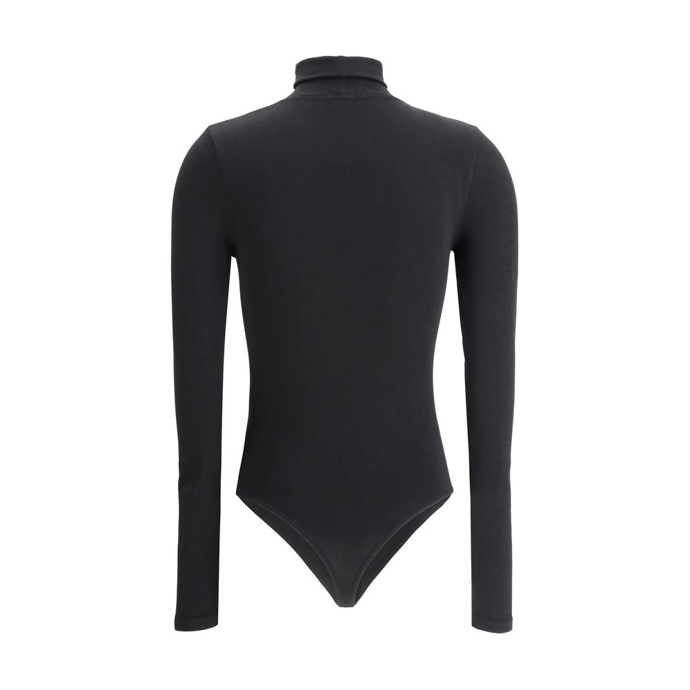 Back view of the Wolford Black Polyamide Top featuring a slim fit bodysuit with high neck and long sleeves.
