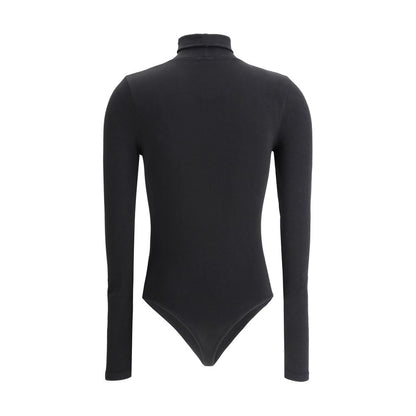 Back view of the Wolford Black Polyamide Top featuring a slim fit bodysuit with high neck and long sleeves.