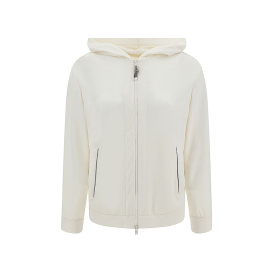 Brunello Cucinelli White Silk Sweatshirt with jewel appliqué pockets and zipper closure, offering casual elegance and versatility.
