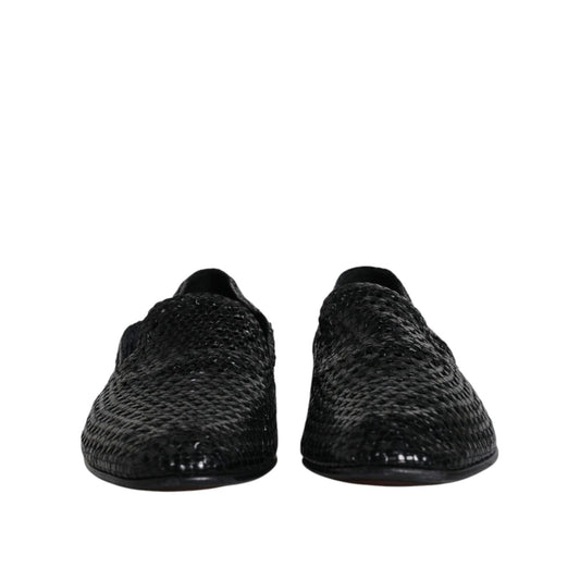 Dolce & Gabbana Black Woven Leather Slip On Loafers Shoes MV6622-45