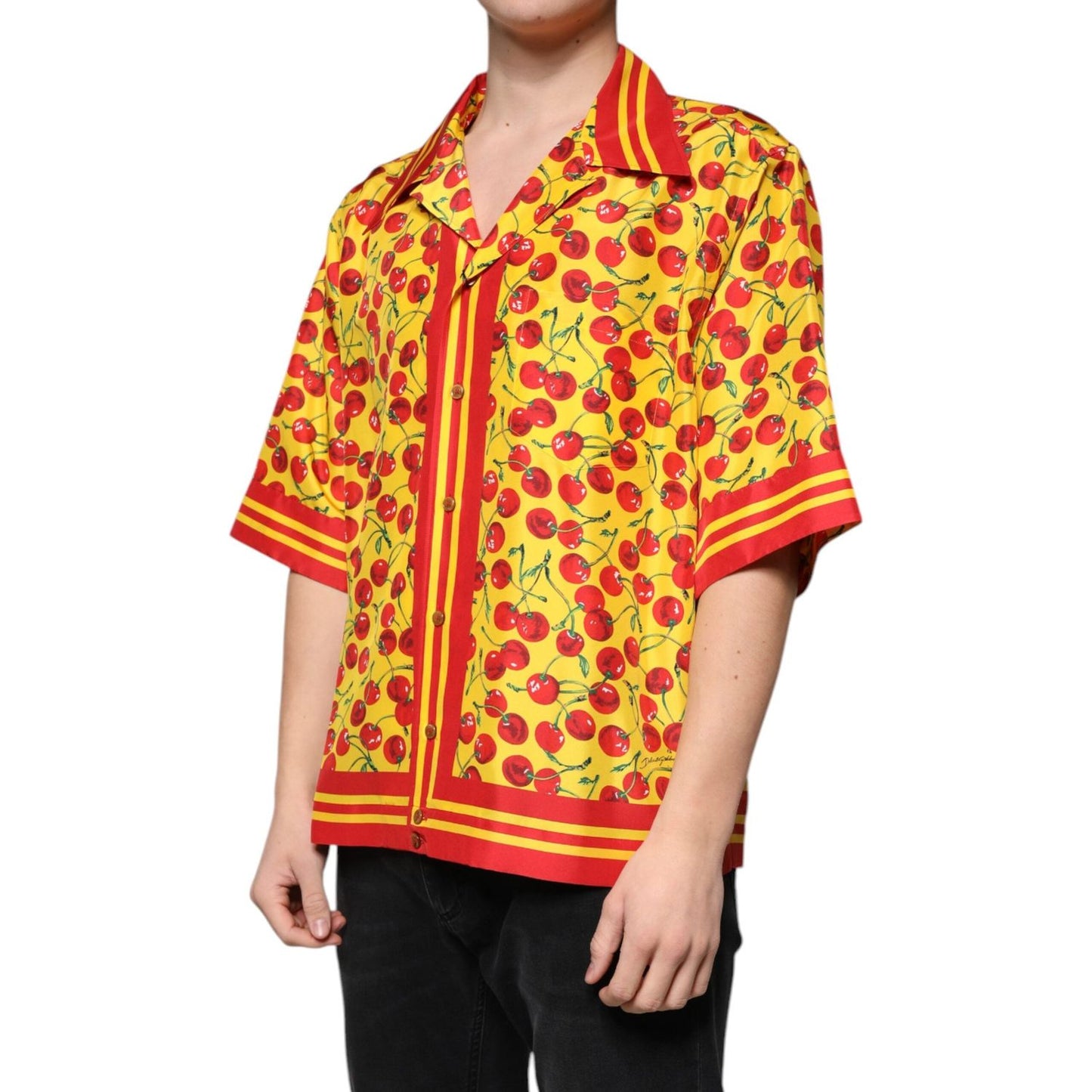 Dolce & Gabbana Yellow Cherry Button Down Silk Casual Shirt TSH87281-43