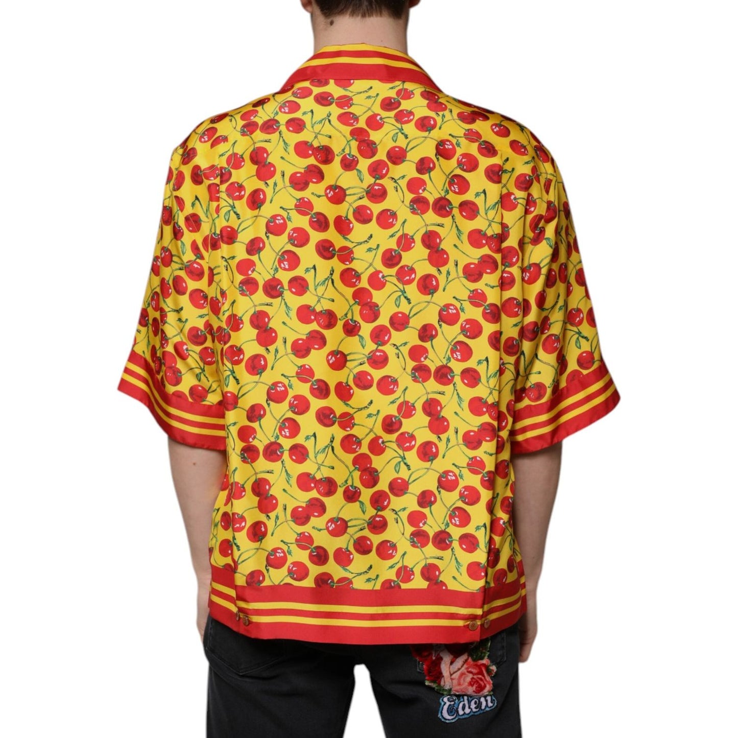 Dolce & Gabbana Yellow Cherry Button Down Silk Casual Shirt TSH87281-43