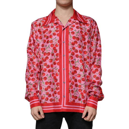 Dolce & Gabbana Pink Cherry Silk Button Down Casual Shirt