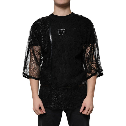 Dolce & Gabbana Black Nylon Floral Lace Crew Neck T-shirt TSH87295-50