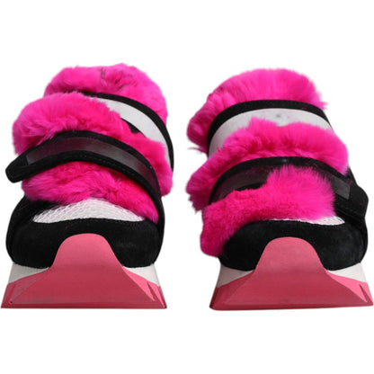 Dolce & Gabbana Black Pink Fur Embellished Sneakers Shoes