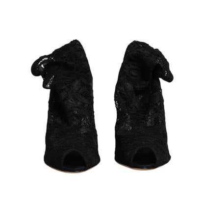 Dolce & Gabbana Black Lace Stretch Heels Mid Calf Boots Shoes