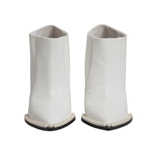 Dolce & Gabbana White Faux Pearl Leather Pointed Toe Ankle Boot Shoes LA12070-39
