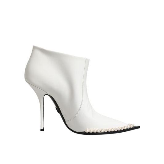Dolce & Gabbana White Faux Pearl Leather Pointed Toe Ankle Boot Shoes LA12070-39