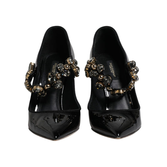 Dolce & Gabbana Black Leather Crystal Mary Jane Pumps Shoes LA12073-38.5