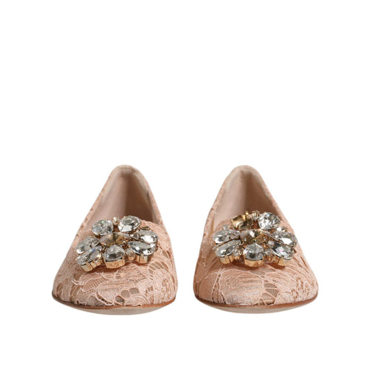 Dolce & Gabbana Beige Lace Crystal Ballet Flats Loafers Shoes LA12084-34