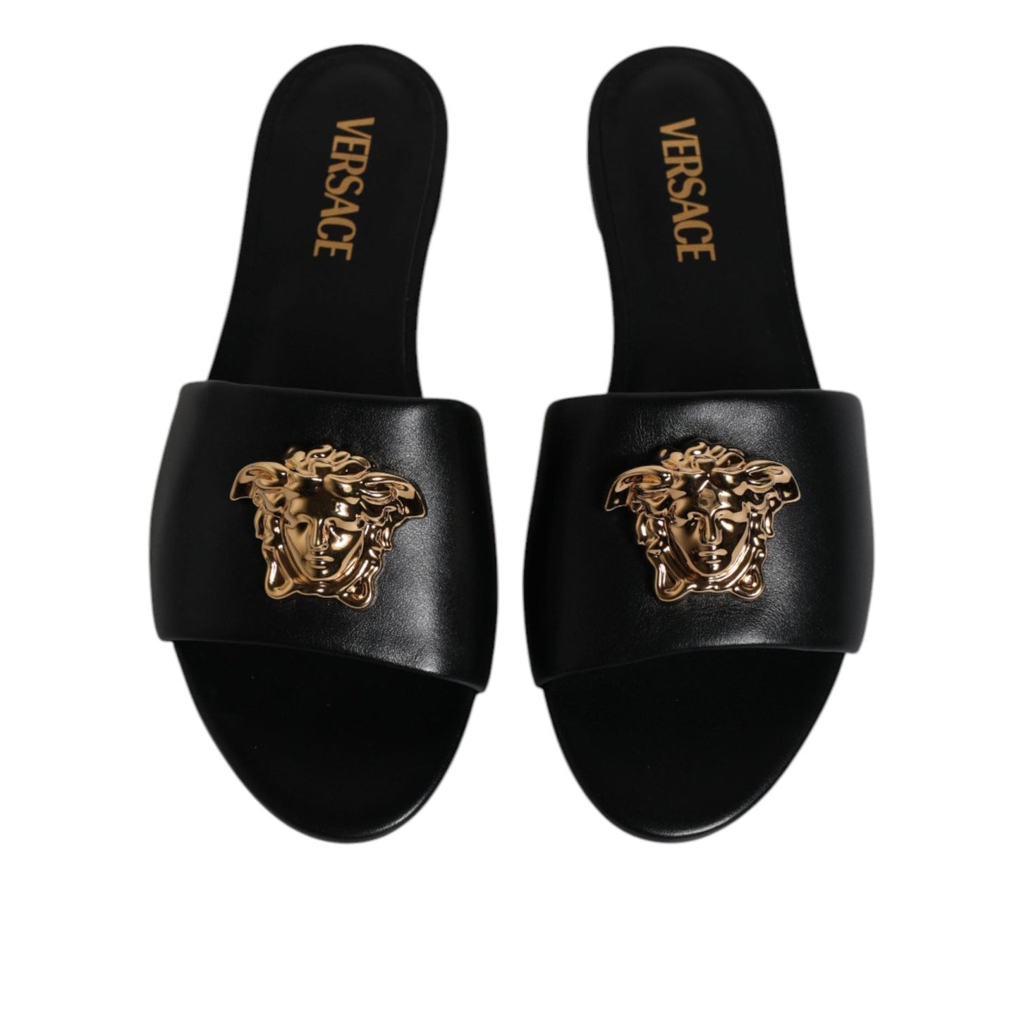 Versace Black Leather Logo Plaque Slip On Slides Flats Shoes LA12124-38
