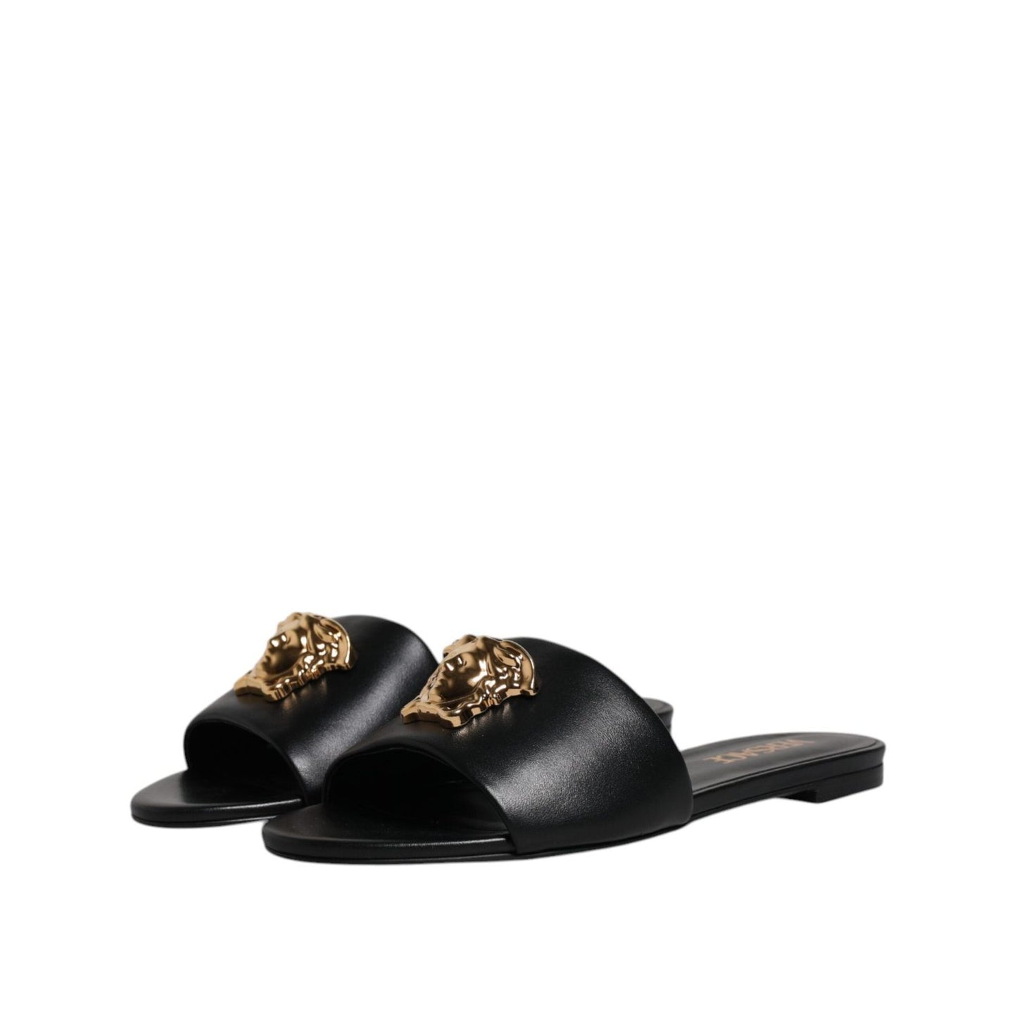 Versace Black Leather Logo Plaque Slip On Slides Flats Shoes LA12124-38