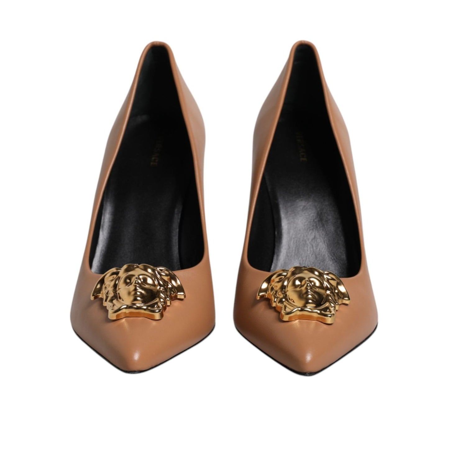 Versace Brown Leather Logo Plaque High Heels Pumps Shoes