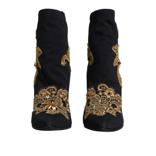 Dolce & Gabbana Black Gold Embroidery Slip On Boots Shoes LA12146-37.5
