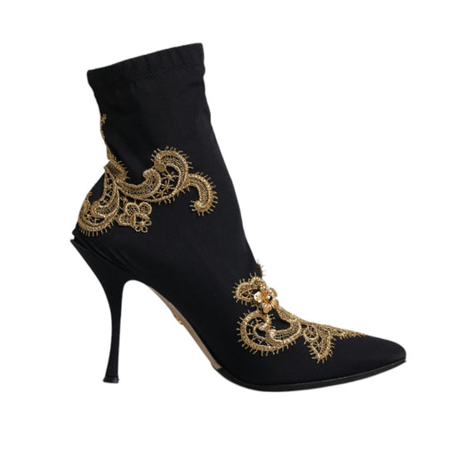 Dolce & Gabbana Black Gold Embroidery Slip On Boots Shoes LA12146-37.5