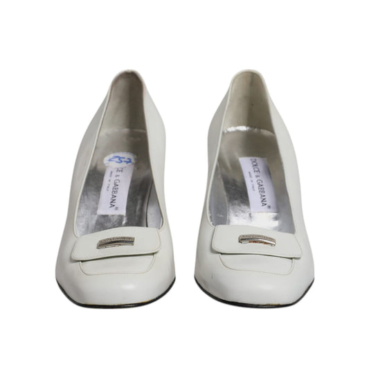 Dolce & Gabbana White Leather Block Heels Pumps Shoes LA12210-40