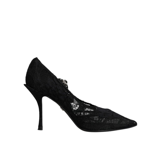 Dolce & Gabbana Black Lace Crystals Mary Jane Pumps Shoes LA12248-39.5