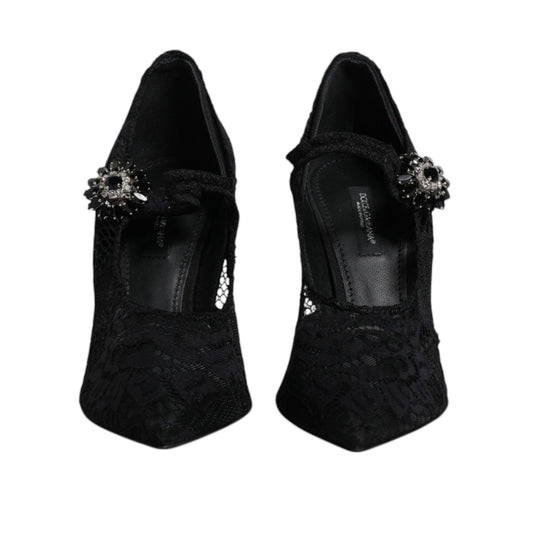 Dolce & Gabbana Black Lace Crystals Mary Jane Pumps Shoes LA12249-36