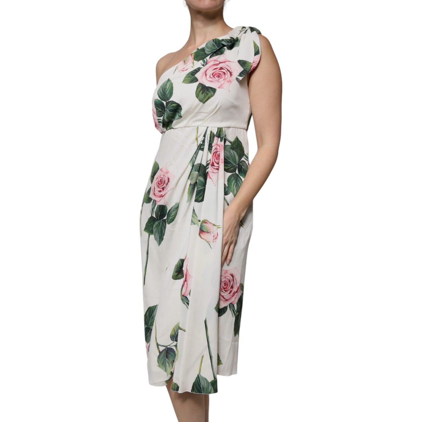 Dolce & Gabbana White Floral Silk One Shoulder Midi Dress DR81492-48