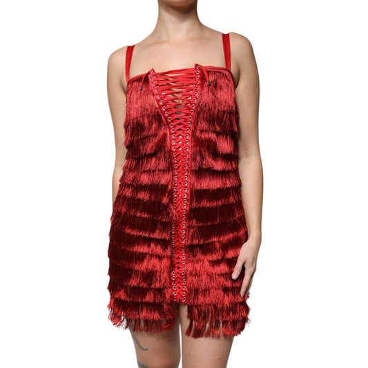 Dolce & Gabbana Red Lace Tassel Sleeveless Sheath Mini Dress DR281321-40