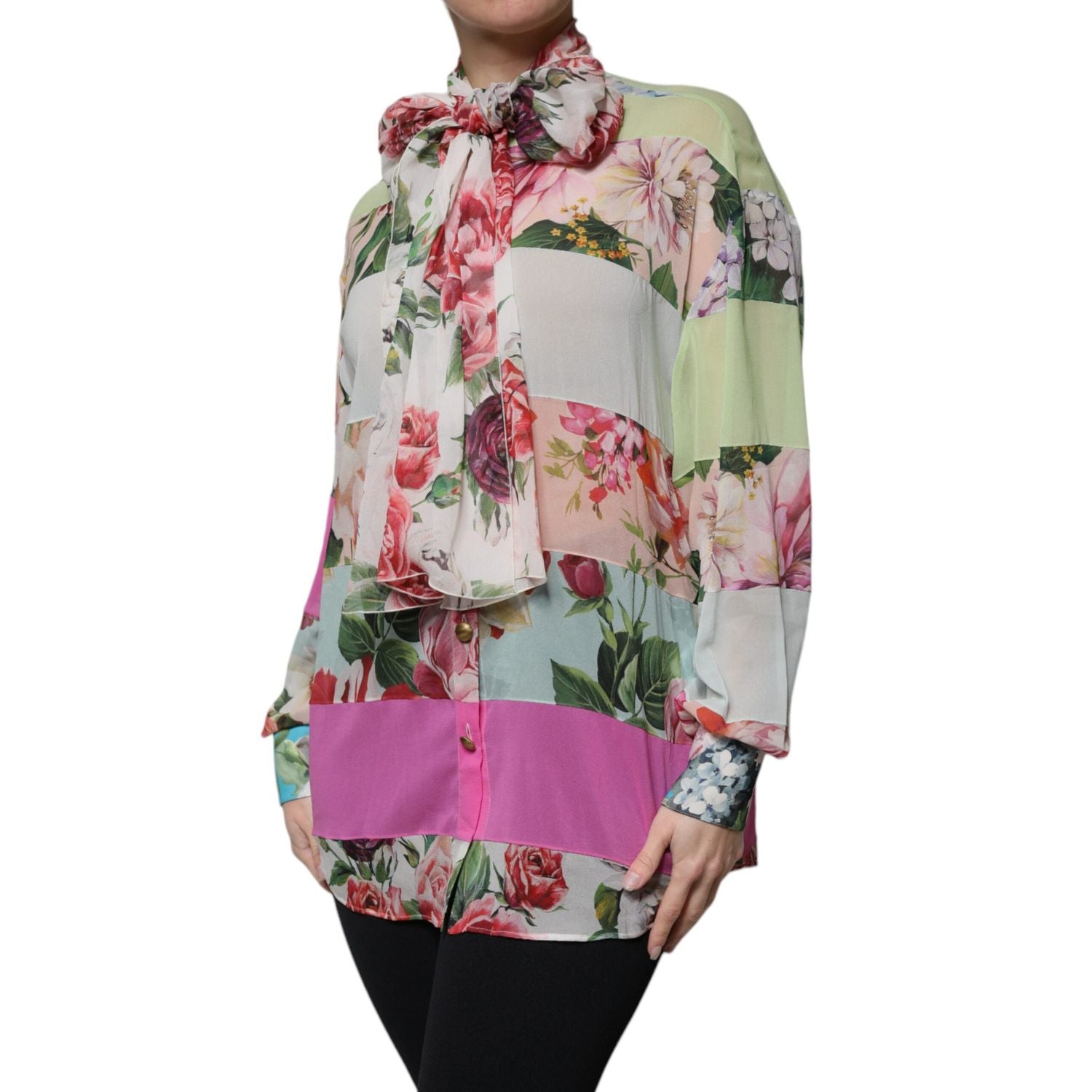 Dolce & Gabbana Multicolor Floral Patchwork Ascot Collar Top