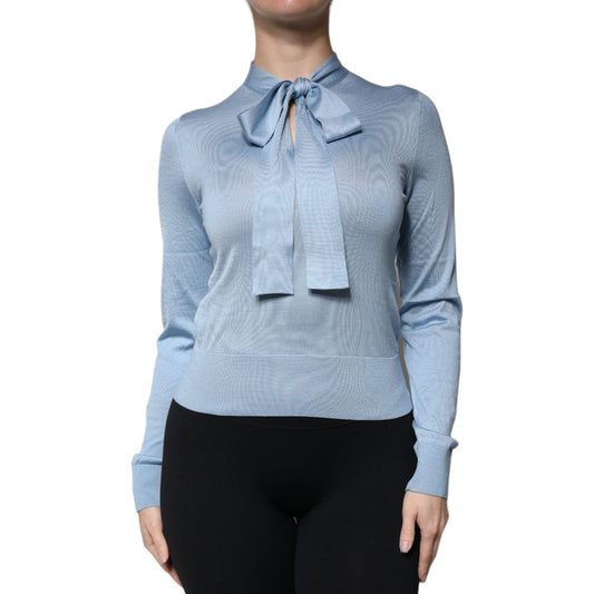 Dolce & Gabbana Blue Silk Knit Pullover Ascot Collar Top TSH86821-40