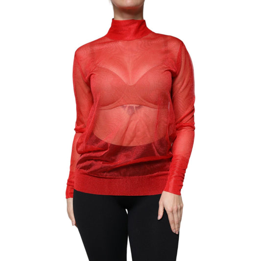 Dolce & Gabbana Red Mesh Turtleneck Long Sleeve Blouse Top TSH86828-40