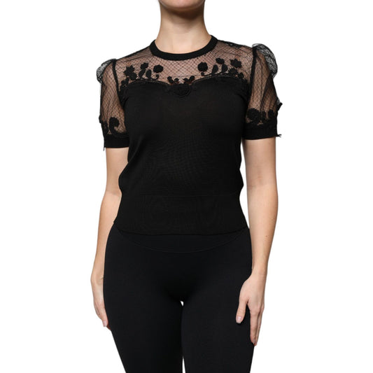 Dolce & Gabbana Black Floral Lace Short Sleeves Blouse Top