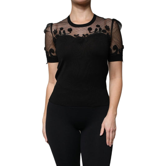 Dolce & Gabbana Black Floral Lace Short Sleeves Blouse Top