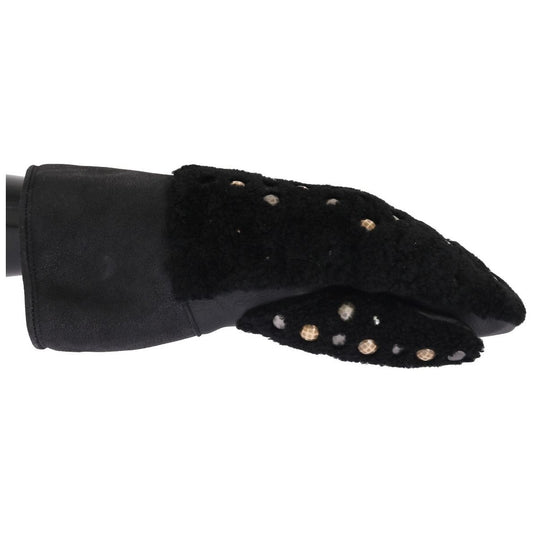 Dolce & Gabbana Black Leather Shearling Studded Gloves LB159-1