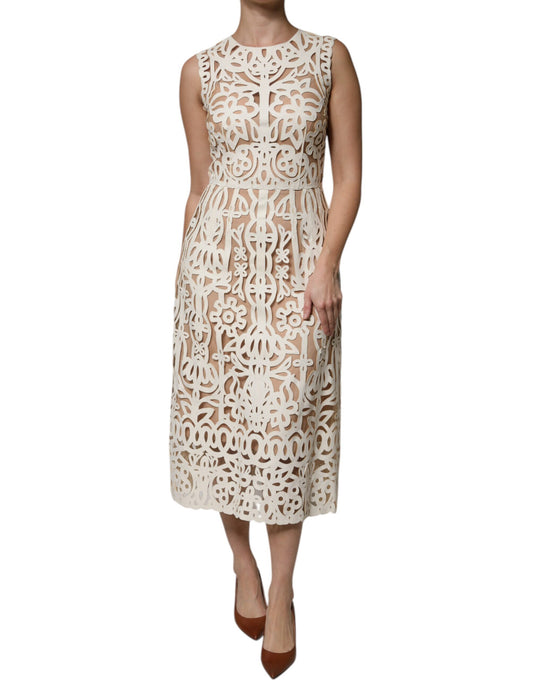 Dolce & Gabbana White Cut Out Leather Sleeveless Midi Dress DR281233-40