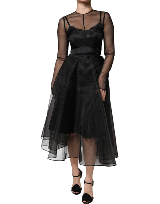 Dolce & Gabbana Black Tulle A-line Midi Cocktail Gown Dress DR281234-40