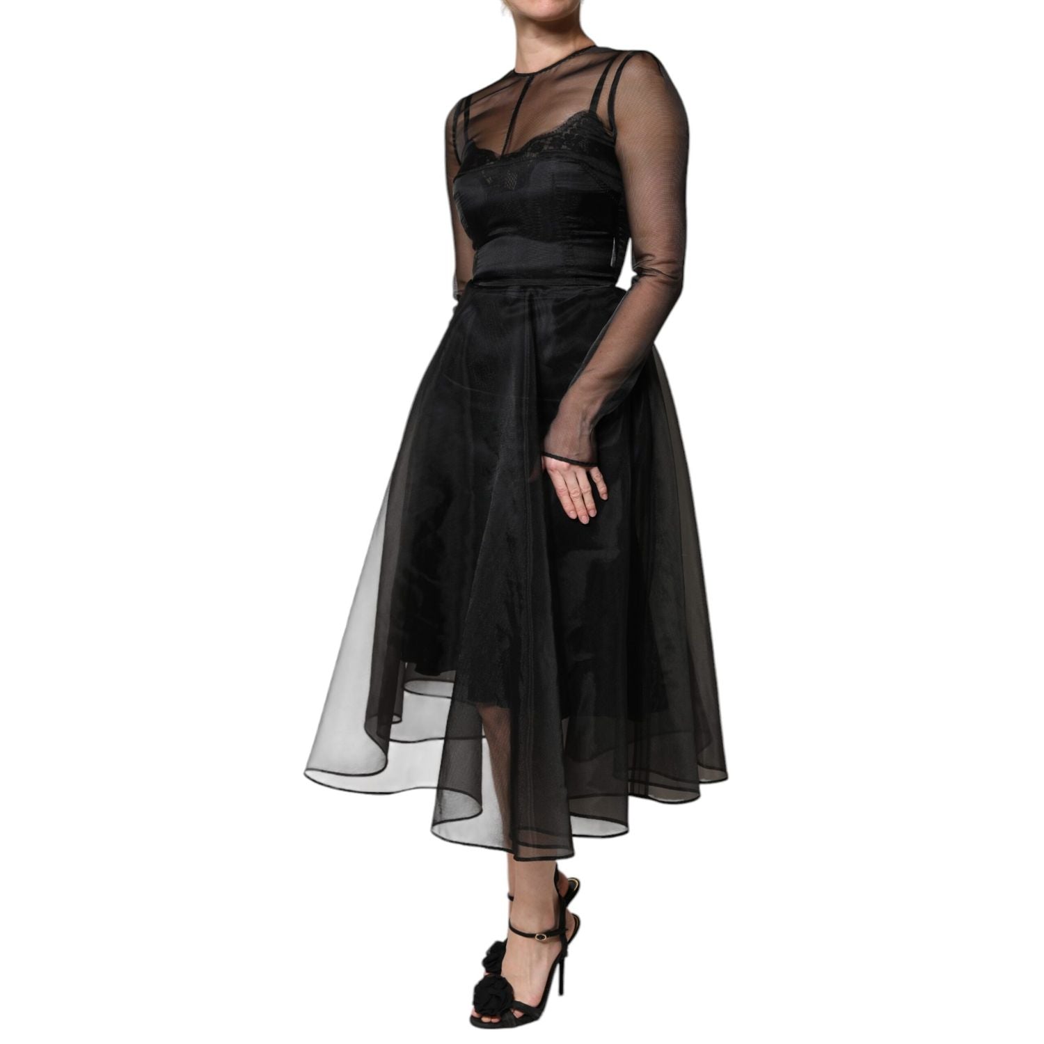 Dolce & Gabbana Black Tulle A-line Midi Cocktail Gown Dress