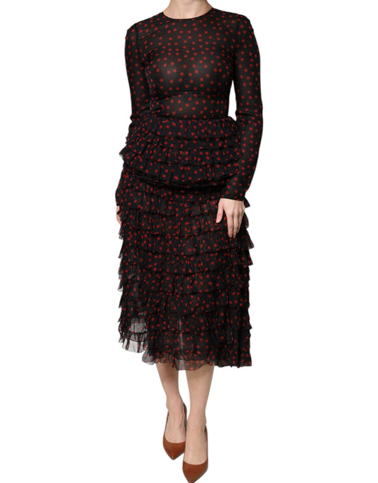 Dolce & Gabbana Black Red Polka Dot Silk Layered Midi Dress DR281255-40
