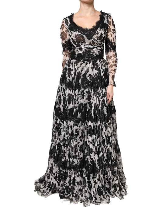 Dolce & Gabbana Black Silk Floral Lace Ricamo Ball Maxi Dress DR281339-40