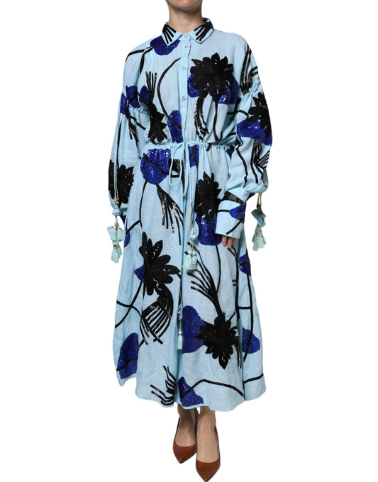 Christian Pellizzari Light Blue Floral Embellished Shirt Maxi Dress DR281375-42