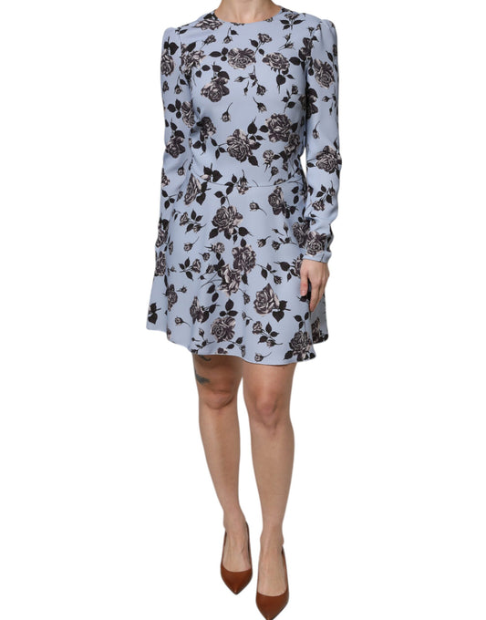 Valentino Light Blue Floral Long Sleeves A-line Mini Dress DR281395-40