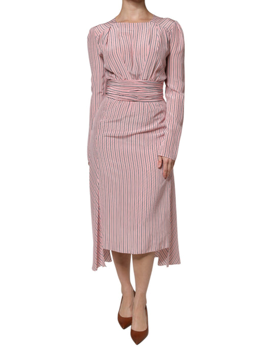 Ermanno Scervino Pink Stripes Silk Long Sleeves Midi Dress DR281400-42