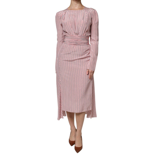 Ermanno Scervino Pink Stripes Silk Long Sleeves Midi Dress DR281401-38